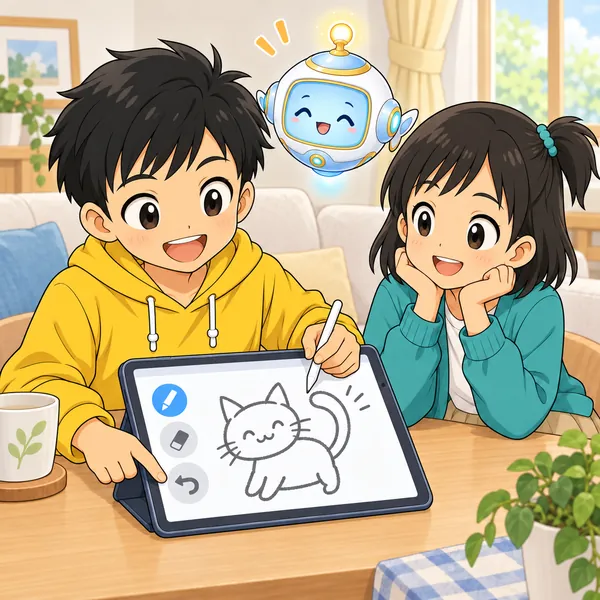 ハルがのびのびとした線で、ねこの絵を楽しそうに描いている。