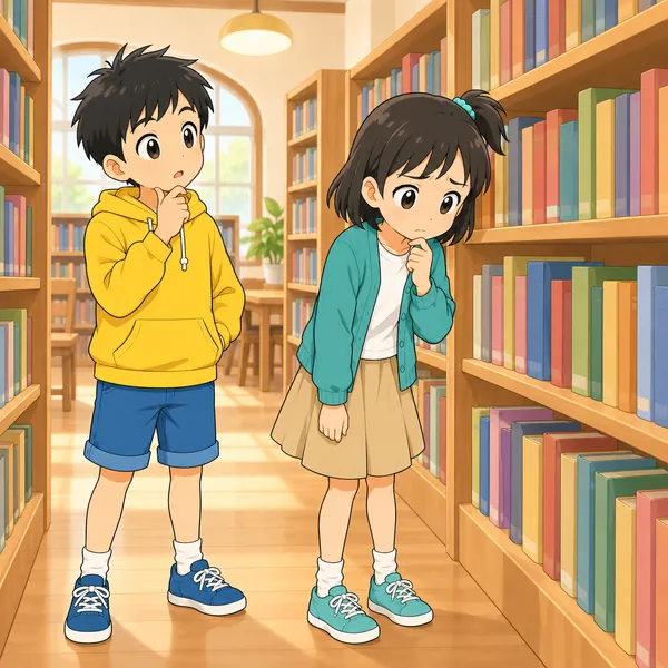 図書館の本棚の前で、読みたい本が見つからずミオが残念そうにし、ハルもとなりにいる。
