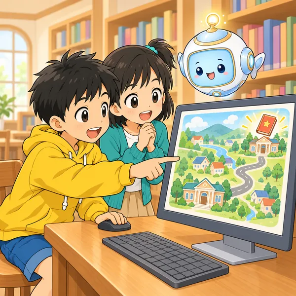 検索用パソコンの地図に、となり町の図書館の本のマークが光り、ハルとミオとAIロボットがのぞきこんでいる。