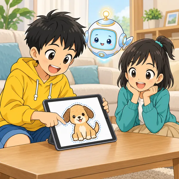 ハルがタブレットで自分の描いた犬の絵を指で切りぬき、ミオが見ている。