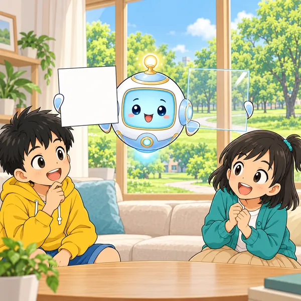 AIロボットが白い紙と透明なフィルムを持ち、ハルとミオが見くらべている。