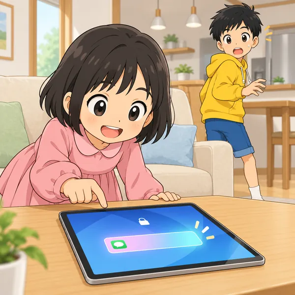 テーブルのタブレットのロック画面に通知が光り、ハルの妹がのぞきこみ、ハルがあわてて振り返っている。
