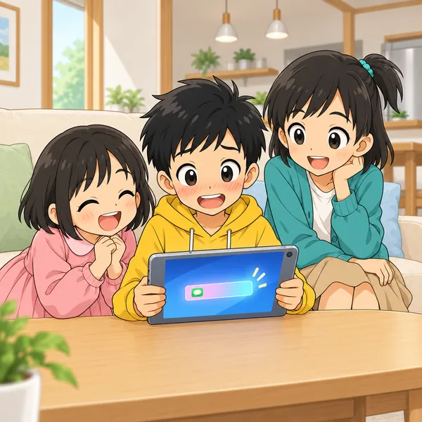 タブレットを手に顔を赤くするハルと、笑う妹、それを見るミオ。