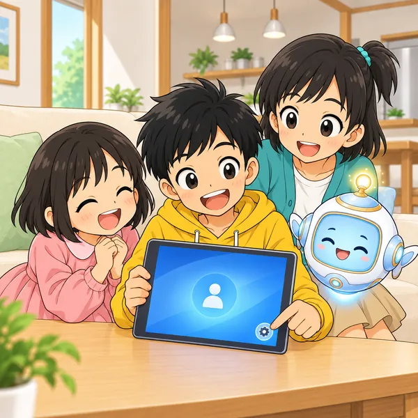 ロック画面に小さな印だけが出たタブレットを持ち、ハルが妹と笑っている。ミオとAIロボットも笑顔。