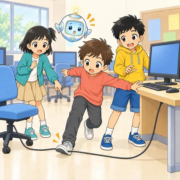 ミオが足元のコードを指さしている。次に来た子がつまずきそうになっている
