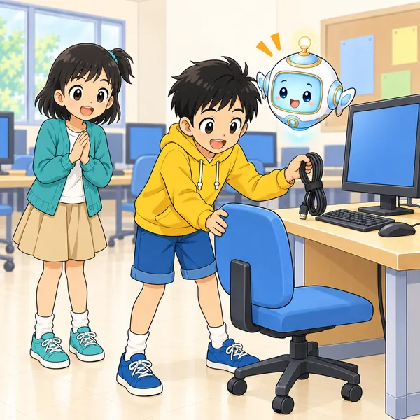 アイが話しかけ、ハルがいすを入れ、コードをまとめている