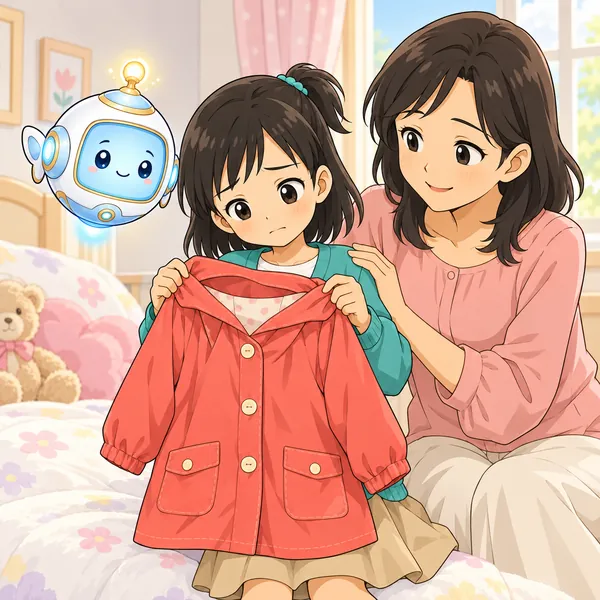 ミオが、小さくなって着られなくなったレインコートを見て、少しさみしそうにしている。