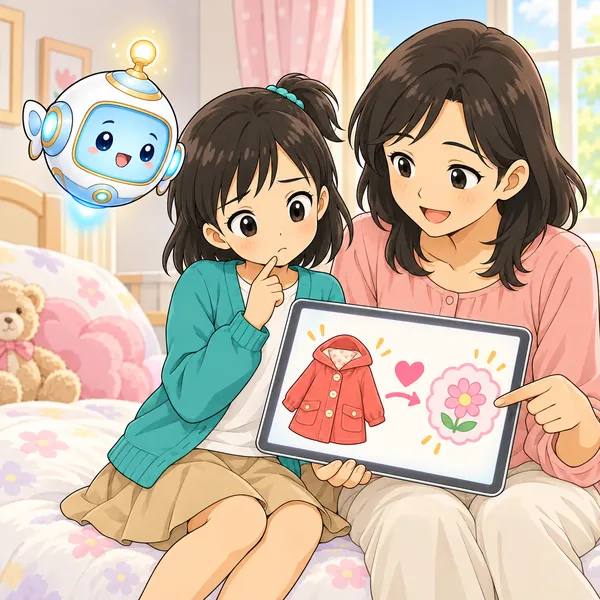 ミオとお母さんが取り引き画面を見ていて、ミオが本当に役に立つかとまどっている。