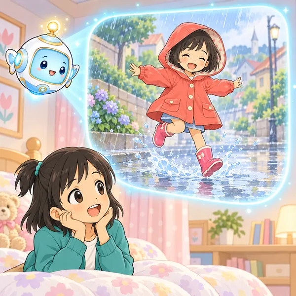 AIロボットが、知らない町の女の子がレインコートを着て雨の中で楽しそうにしている窓をうかべている。