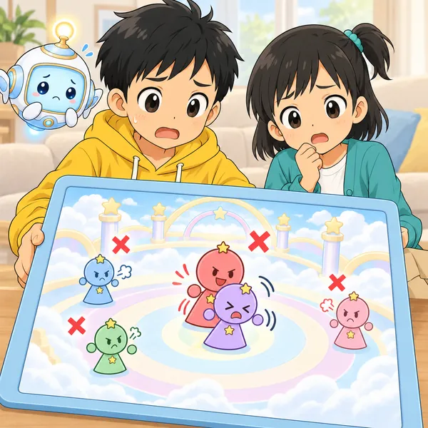 ハルとミオが見ているタブレットの対戦（雲の上の広場で紙人形のようなキャラが遊ぶ）で、あるキャラがほかの人をじゃましている。
