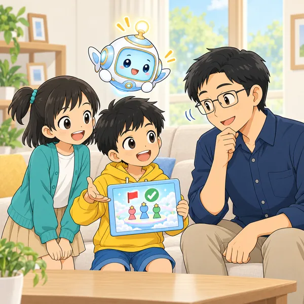 ハルがめがねのお父さんに通報したことを話し、お父さんがうなずいている。