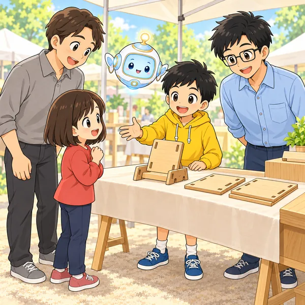 手作り市で、ハルが前のお客さんの親子に本立てのことを聞いている。