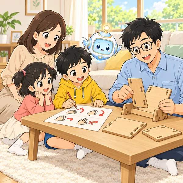 ハルの家で、父が絵の説明を見ながら本立てを組み立て、ハルが説明を直している。