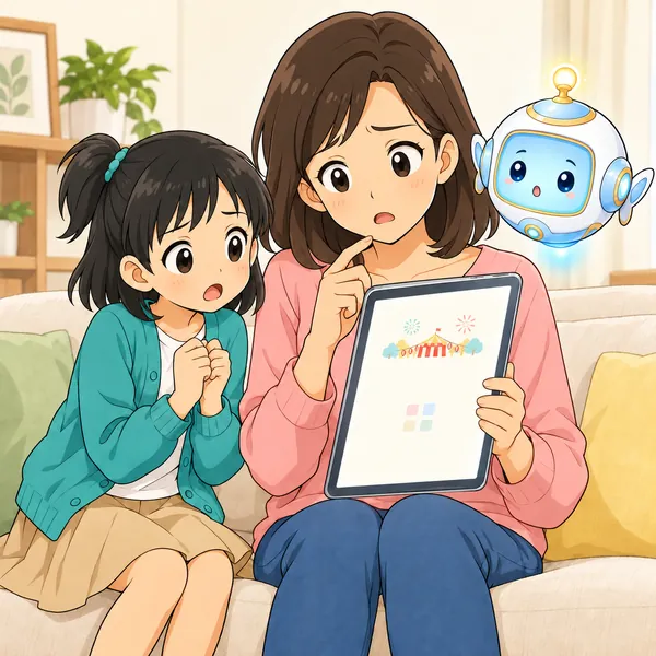 ミオの家で、お母さんがお祭りアプリの小さくうすいボタンに迷っている。