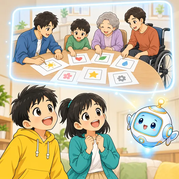 光の窓の中で、デザイナーがボタンの下書きをいろいろな人に見せて押す場所を聞いている。