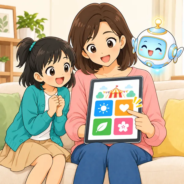 ボタンが押しやすくなったアプリを、ミオのお母さんが笑顔で使っている。