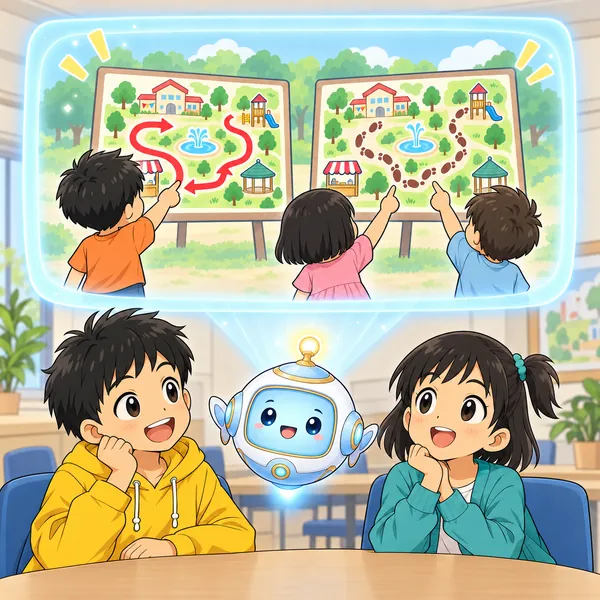 AIロボットが、小さな子たちが2枚の案内図の前で指さしている窓を見せている。