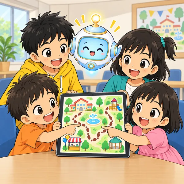 ミオの弟とハルの妹が足あとの案内図を指さして喜び、ハルとミオが笑顔で見ている。