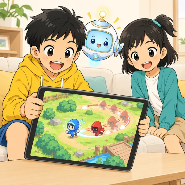 リビングでハルが、タブレットの対戦ゲームで同じ青い服のキャラばかり追いかけて笑っている。