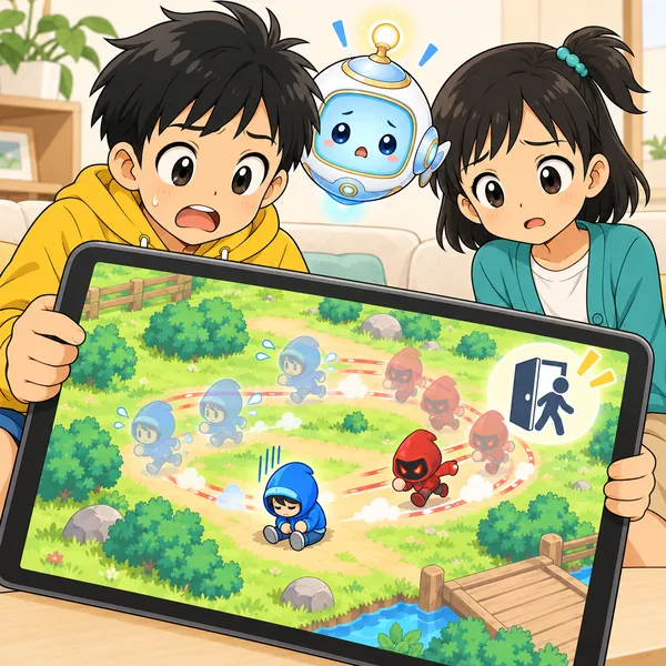 追いかけられたキャラが座りこみ、相手が退出したマークが出て、ミオとハルがはっとしている。
