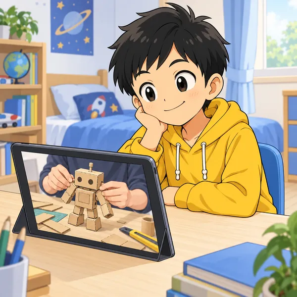 ハルの部屋。ハルがタブレットで、上手な人がダンボールでロボットを作る工作動画を見て、余裕の顔でにこにこしている