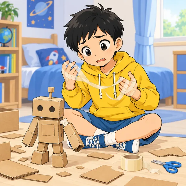 ハルが床でダンボールとはさみとテープを使って作り始めるが、ロボットの腕はぐらぐら、テープは指にからまって、困った顔をしている