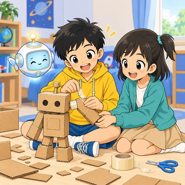 ミオが横にすわって一緒に手伝い、アイがハルのそばに浮かんでやさしく励ましている