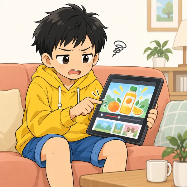 リビングのソファ。ハルがタブレットで動画を見ていて、画面に広告が出て、ハルがうんざりした顔で画面を指で連打している