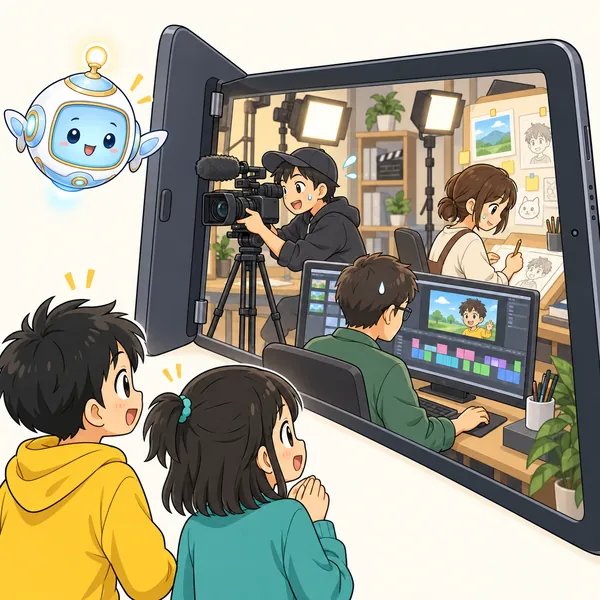 アイがタブレットの画面のうしろ側を見せている