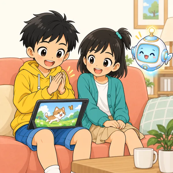 ハルがタブレットの動画を見ながら、笑顔で小さく拍手している