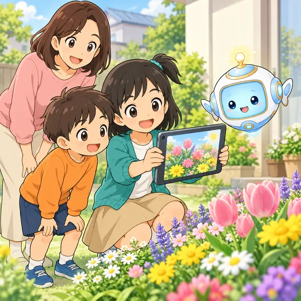 ミオと弟が、母に見守られて、庭の花をタブレットで撮影している。