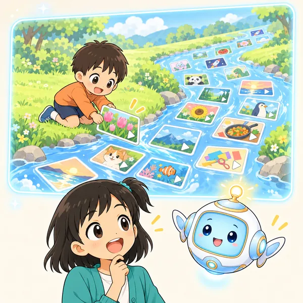 AIロボットが、流れてくる動画の川から一つを選ぶ子の絵を見せている。
