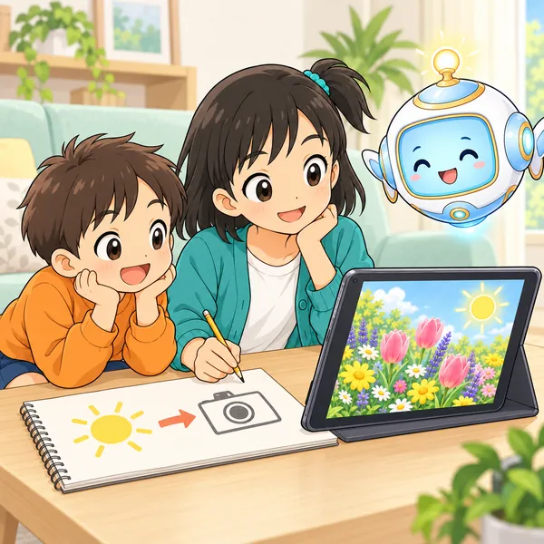 ミオが一本の動画をじっくり見ながら、工夫のマークをノートにかいている。