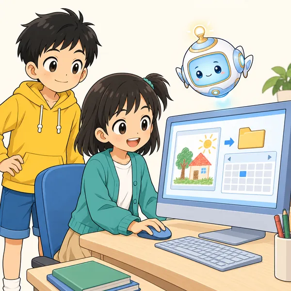 ミオがパソコンで、作品ファイルに日づけをつけてフォルダに保存している