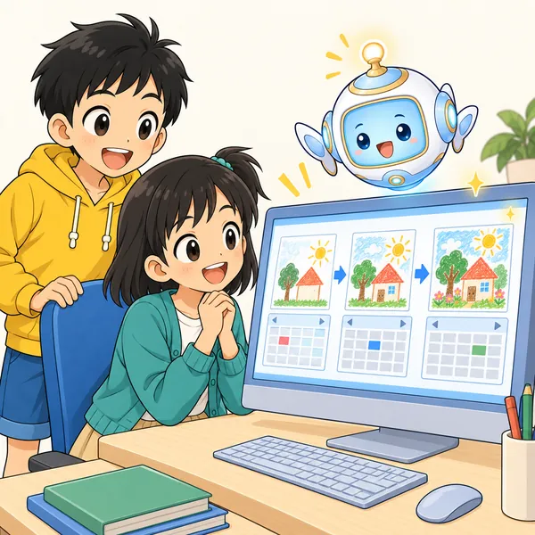 アイが説明している。画面には日づけ順に並んだ作品のサムネイルが見えはじめる