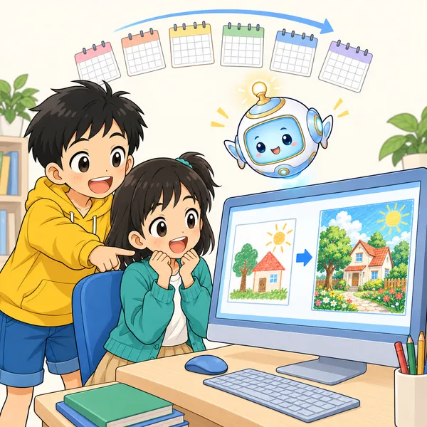 半年後。ハルとミオが、古い作品と最近の作品を並べて見くらべ、成長におどろいている
