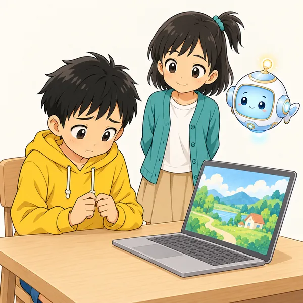 作った作品を前に、ハルが見せるのをためらってうつむいている。