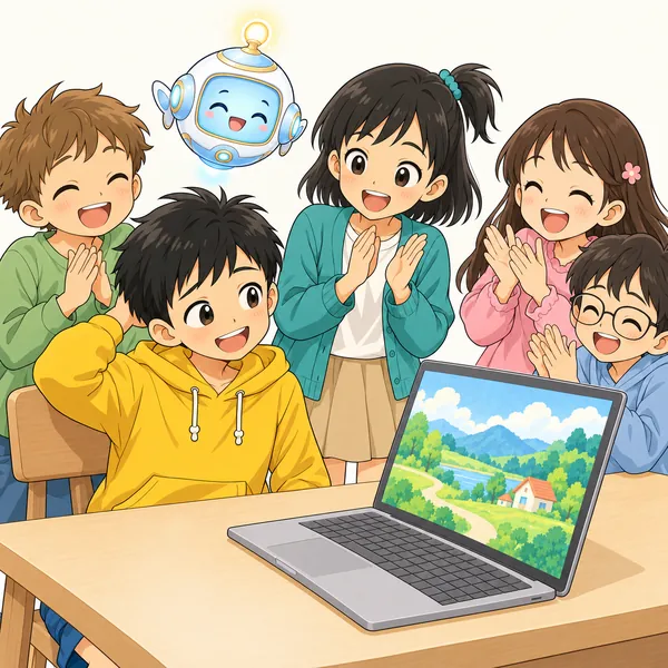 集まった子どもたちが、ハルの作品を見て拍手している。