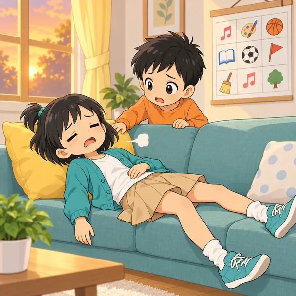 ミオがソファでぐったりしていて、弟が心配そうにのぞきこんでいる。