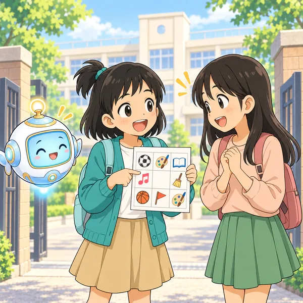 ミオが友だちに予定を動かすと伝え、二人で笑顔でうなずいている。