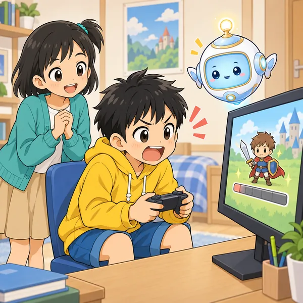 ハルがゲーム画面を見ながら、一気に強くなりたいと言っている