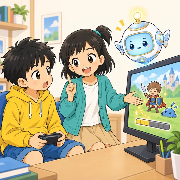 ミオが、ゲームでも一戦ずつ経験値がたまることを話している