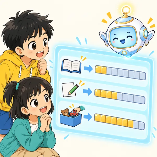 アイが、日々の小さな行動が経験値バーを少しずつ満たしていく図を見せている