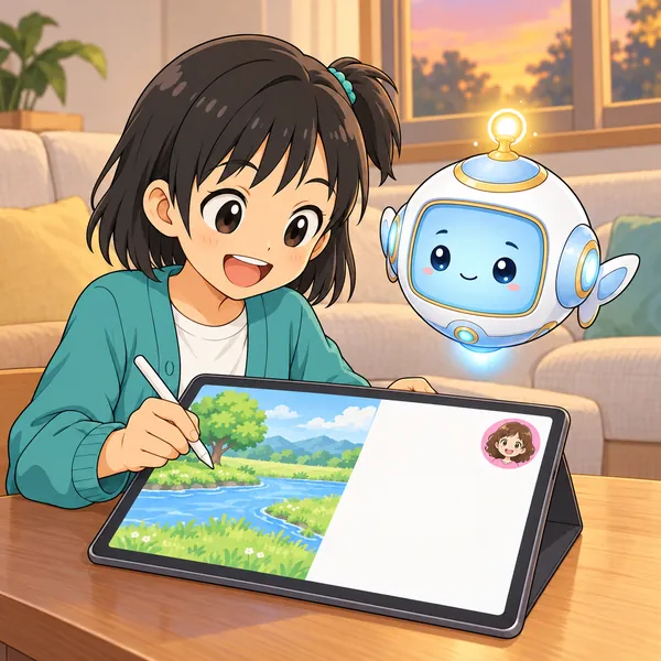 夕方、ミオがタブレットで横長の絵の左半分に川と木を描いている。右上にいとこを表すピンクの印。