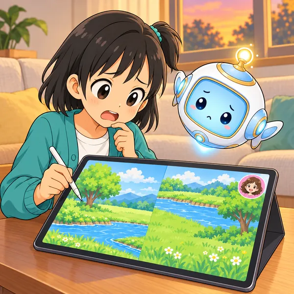 ミオの川といとこの川の高さがずれて、つながっていない絵を見てミオがこまっている。