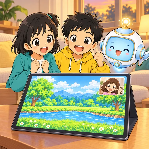 川がまっすぐつながった1枚の絵と、手をふる巻き毛のいとこの通話画面を見て、ミオとハルが笑っている。
