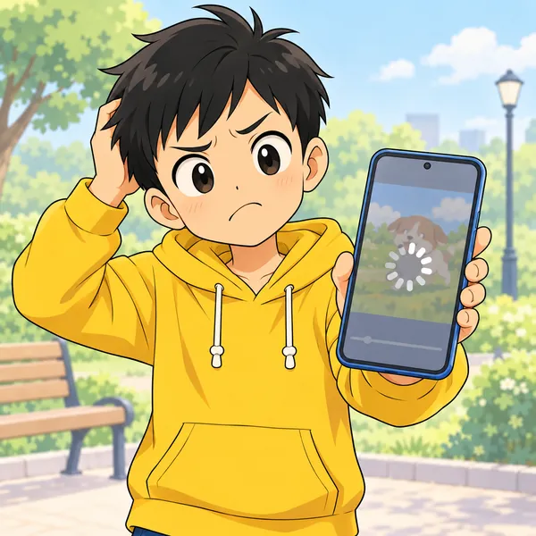 外でスマホを持ったハルが、読みこみが進まずいらだっている。