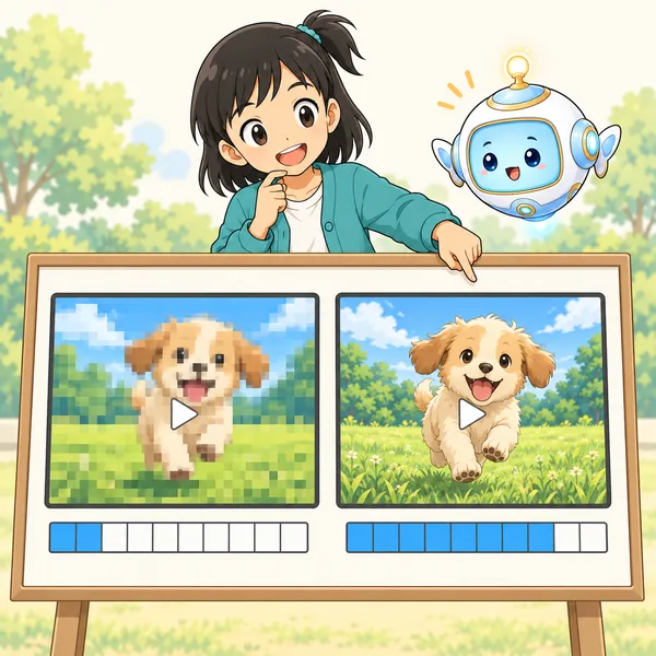 ミオが、画質のちがう2つの動画と、使う量のちがいを見比べている。