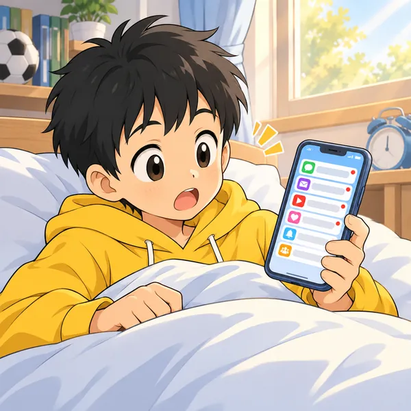 朝。ハルが起きてすぐ布団の中でスマホを手に取り、たくさんの通知が並んだ画面を見ている