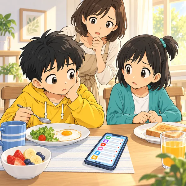ハルが朝ごはんの席で、通知の内容が気になって落ち着かず、心ここにあらずの表情